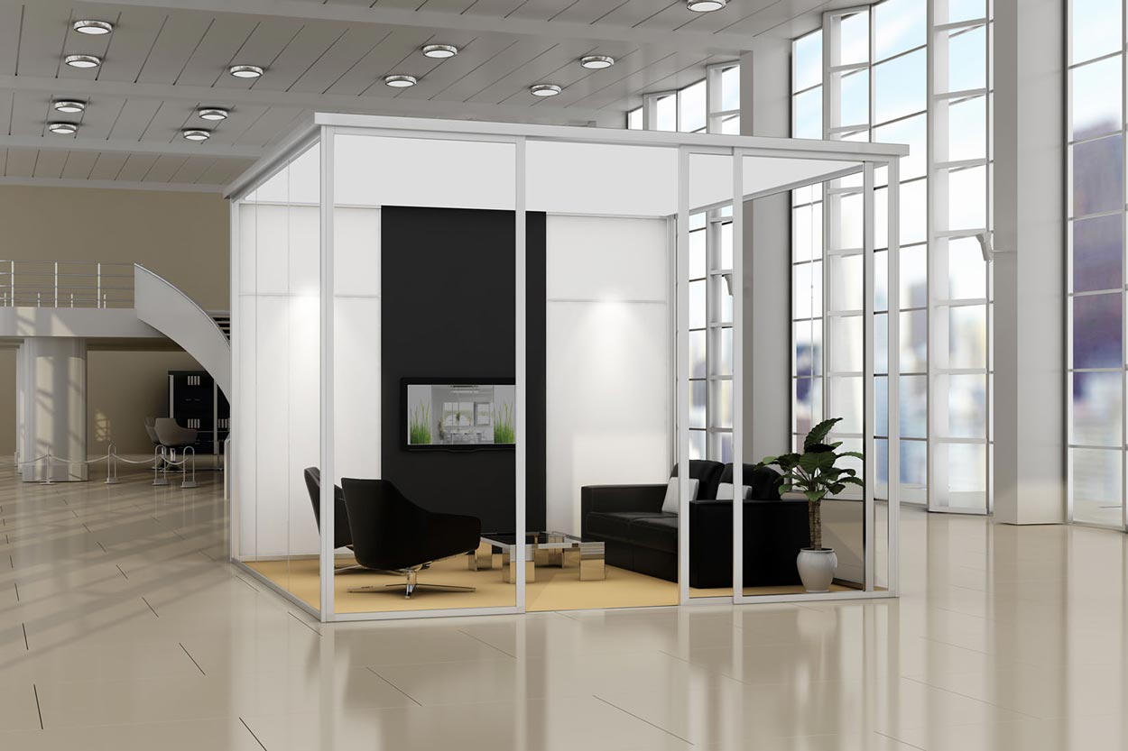 3d render cubicle black sofa